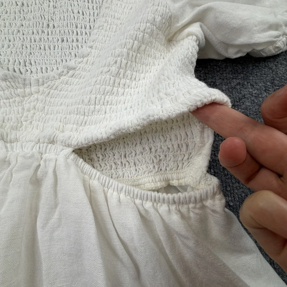 Japna White Smocked Mini Dress Puff Sleeve Boho Cottagecore S‎